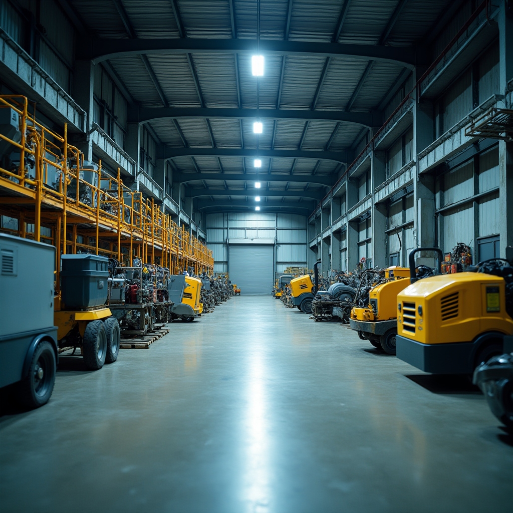Construction equipment stored in a warehouse awaiting rental