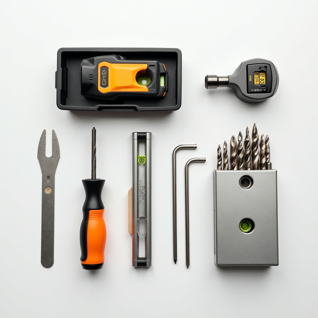 Close-up of construction tools arranged for rental inspection, including drill bits and measuring equipment
