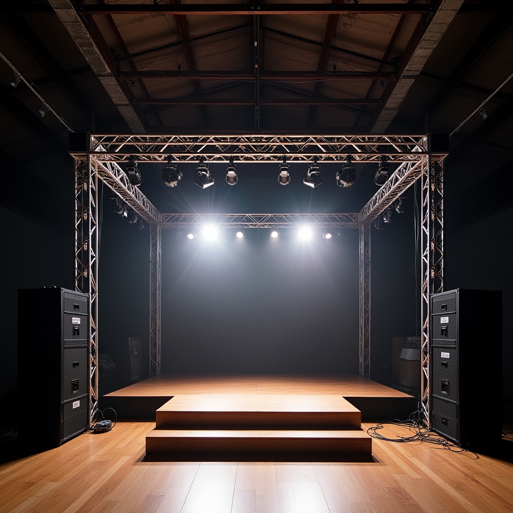 Event staging and lighting equipment arranged for a large venue