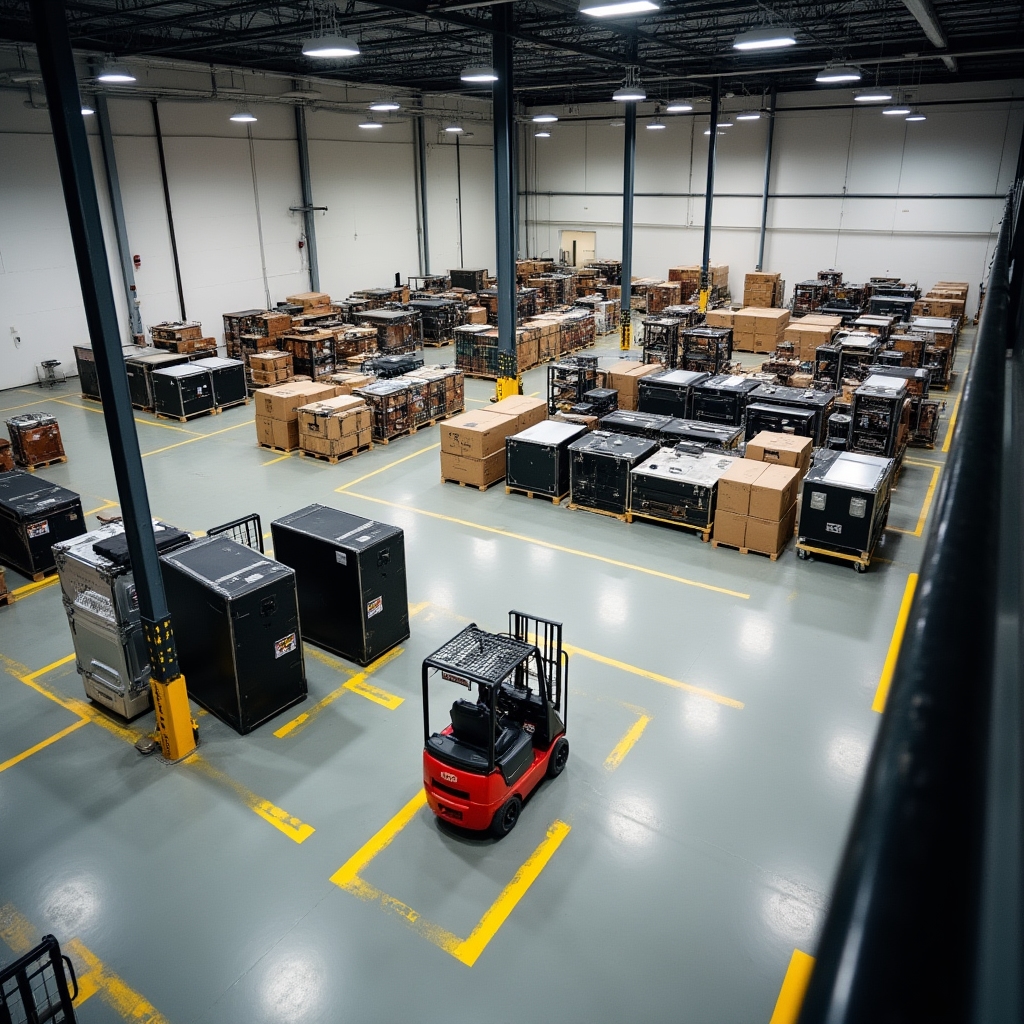 Wide angle view of a warehouse with rows of construction and industrial equipment ready for rental listing